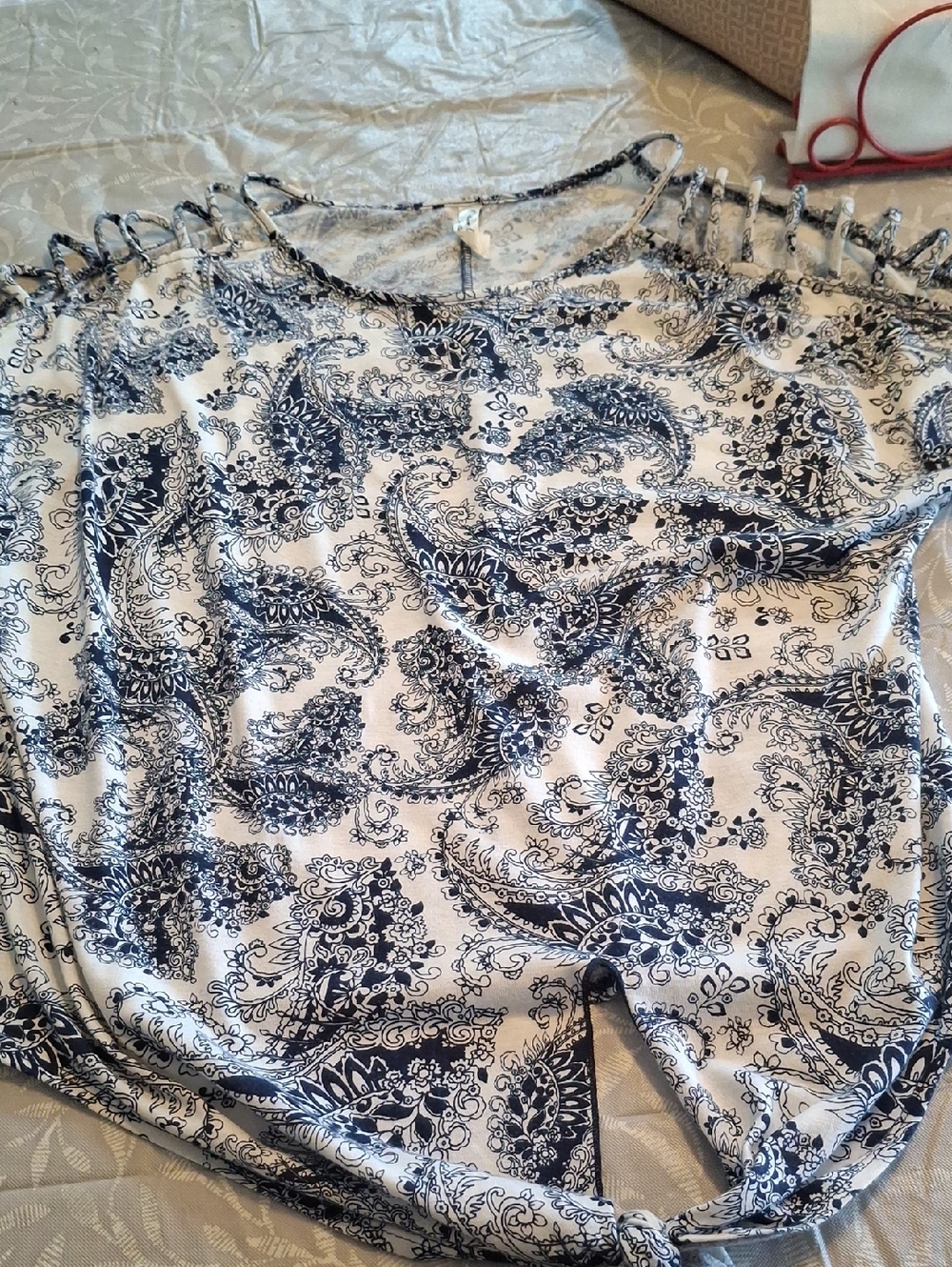 Women’s Navy Paisley Cold-Shoulder Top